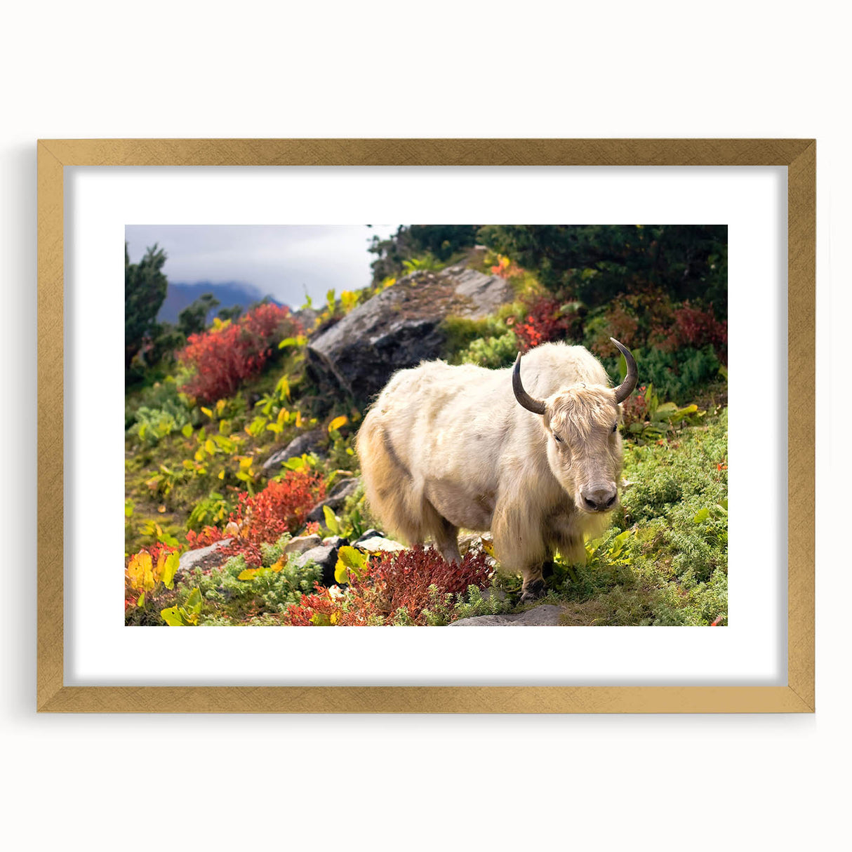 Extra large abstract art print of Bhutan scenery in muted earth tones, framed in gold, ideal for living room decor.