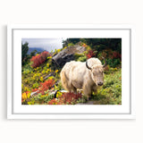 Abstract art print of Bhutan scenery in muted earth tones on a framed white mat, ideal for dining room decor.