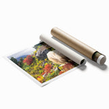 Extra large rolled print of a Bhutanese landscape in muted earth tones, ideal for classy bathroom wall art.