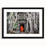 Extra large, textured abstract art print depicting vibrant, colorful Cambodian scenery on a black-framed canvas.