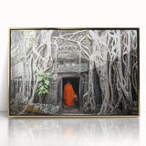 Large acrylic print of a Cambodian landscape in muted earth tones, framed in gold, suitable for modern art wall decor.
