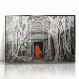 Mid-century modernist art depicting a serene Cambodian landscape in acrylic, framed in silver, ideal for nursery wall art.