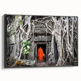 Black and white framed canvas featuring a vintage poster art style landscape of Cambodia, ideal for bedroom decor.