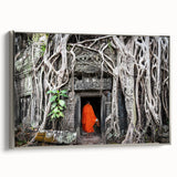 Framed canvas depicting a vibrant landscape art painting of a Cambodian scenery in a vintage poster style.