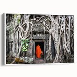 Vintage poster art of a Cambodian landscape on a framed canvas with colorful accents, ideal for living room decor.