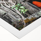 Art deco style poster of a Cambodian landscape in muted earth tones on rolled canvas, suitable for dining room decor.