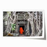 Rolled print of a Cambodian landscape featuring lush greenery and a temple, in earthy tones, ideal for art wall dining room.