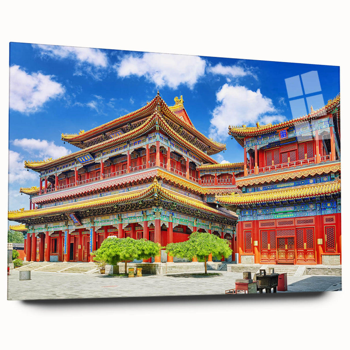Acrylic print of a large abstract depiction of Beijing's skyline in muted gray and blue tones.