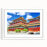 Abstract art print of Beijing scenery in muted gray and blue tones on a framed white mat.
