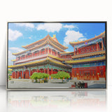 Mid-century modernist art depicting the Beijing skyline in muted silver tones on framed acrylic.