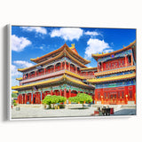 Vintage poster art of Beijing scenery on extra large framed canvas, featuring colorful art against a black background.