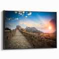 Black and white framed canvas of the Great Wall of China in a vintage poster style, ideal for bedroom wall art.