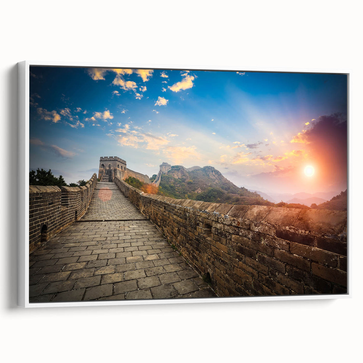 Vintage poster art of the Great Wall of China on a framed canvas, featuring a colorful palette, ideal for living room decor.