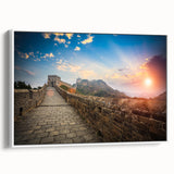 Vintage poster art of the Great Wall of China on a framed canvas, featuring a colorful palette, ideal for living room decor.