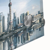 Large abstract depiction of Shanghai skyline in muted gray and blue tones on acrylic glass, suitable for dining room art.