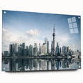 Acrylic print of Shanghai skyline in muted colors, ideal for dining room or bedroom decor.