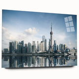 Large abstract wall art of Shanghai skyline in muted blue tones on acrylic glass, suitable for bedroom or dining room decor.