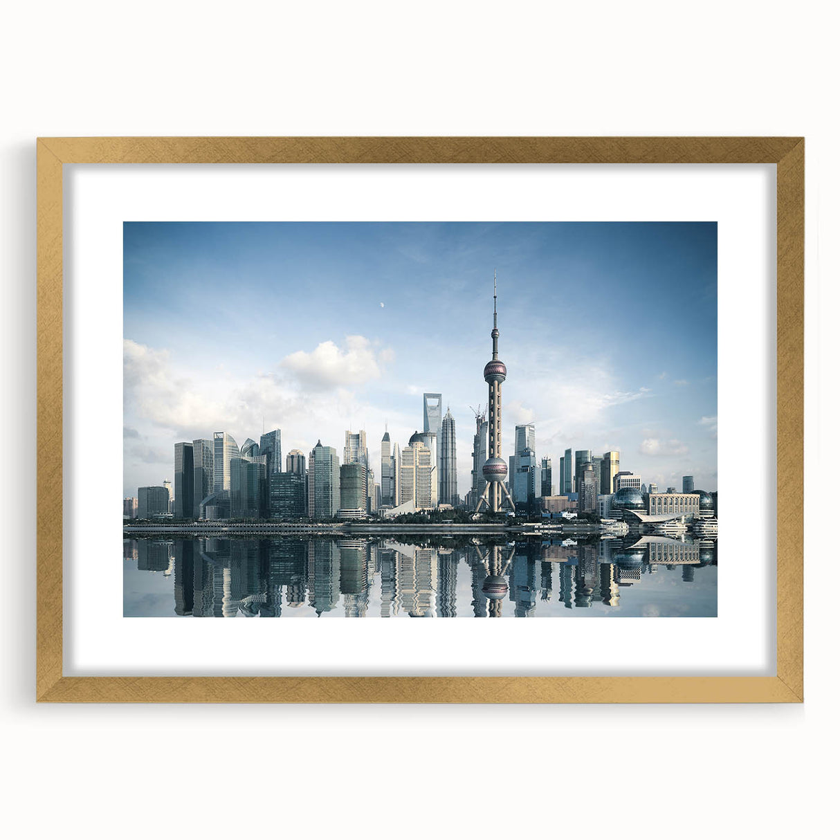 Extra large abstract art print of Shanghai skyline in muted gold and gray tones, framed with a mat.