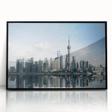 Large abstract wall art of Shanghai skyline in muted gray tones on framed acrylic, suitable for modern living room decor.