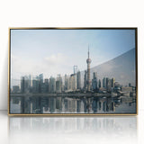 Framed acrylic print of Shanghai skyline in muted gold and gray tones, suitable for modern art wall decor.
