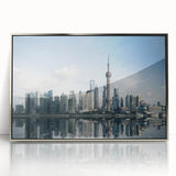 Mid-century modernist art depicting the Shanghai skyline in muted silver and gray tones, framed acrylic print.