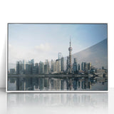 Acrylic print of Shanghai skyline in art deco style, featuring muted gray and blue tones, ideal for modern art wall decor.