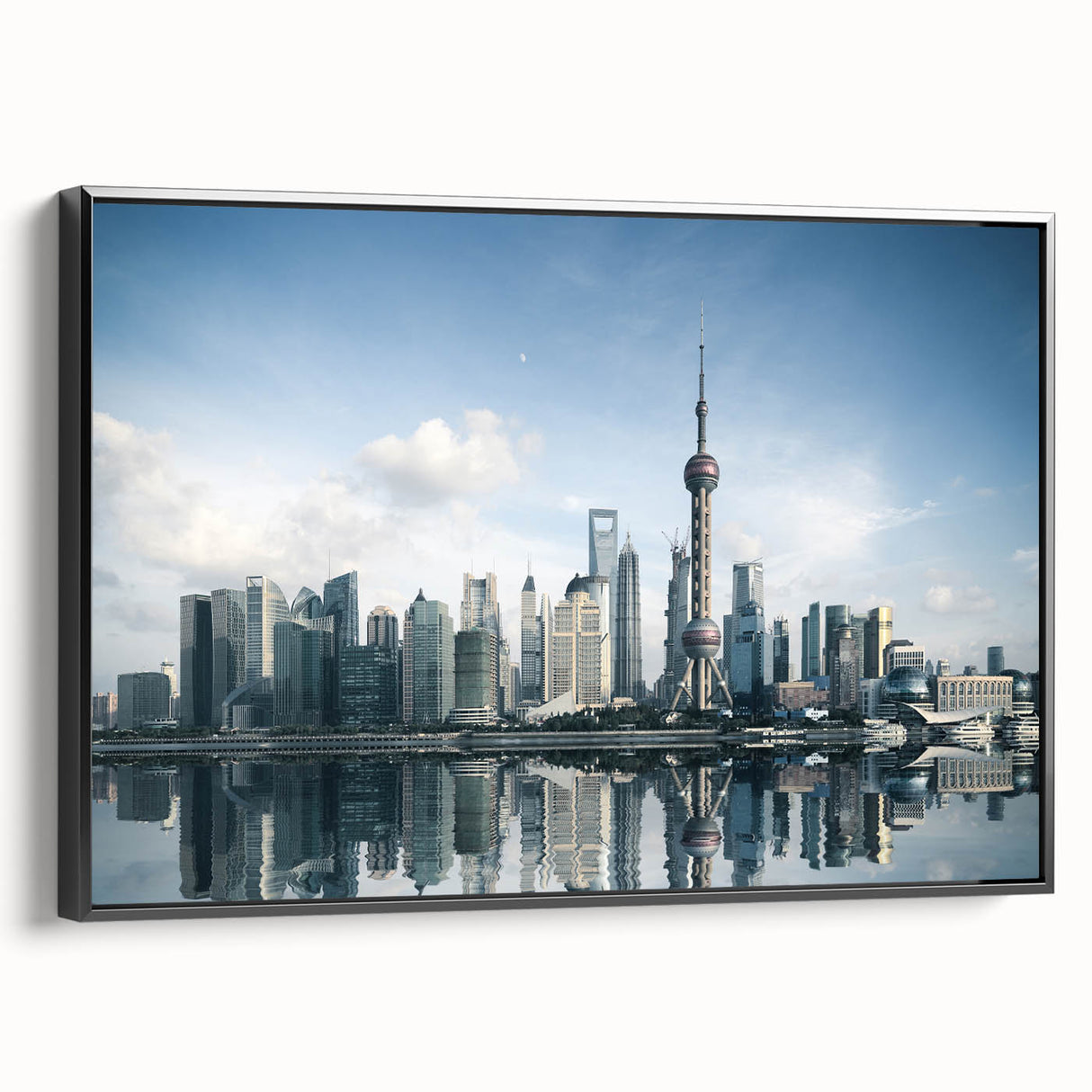 Framed canvas of a black and white vintage poster art featuring the Shanghai skyline, ideal for bedroom wall decor.