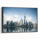 Framed canvas of a black and white vintage poster art featuring the Shanghai skyline, ideal for bedroom wall decor.