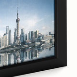 Extra large framed canvas of Shanghai skyline in black with colorful, textured highlights, ideal for living room decor.