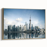 Framed canvas wall art featuring a vintage-style Shanghai landscape in black and gold tones, ideal for bedroom decor.