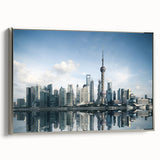 Framed canvas landscape art painting of Shanghai skyline in colorful hues, ideal for modern living room decor.