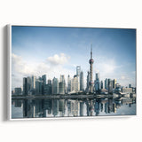 Vintage poster art of Shanghai skyline in vibrant colors on extra large framed canvas, suitable for living room decor.
