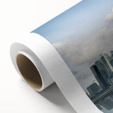 Art Deco style Shanghai skyline in muted gold and black on rolled canvas, suitable as nursery wall art or for dining rooms.