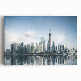Black and white large art print of Shanghai skyline on stretched canvas, ideal for kitchen wall art.