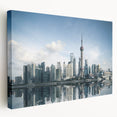 Panoramic view of Shanghai skyline in muted gray tones on a large stretched canvas, suitable for kitchen wall art.