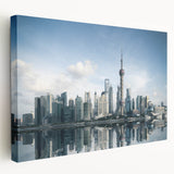 Panoramic view of Shanghai skyline in muted gray tones on a large stretched canvas, suitable for kitchen wall art.