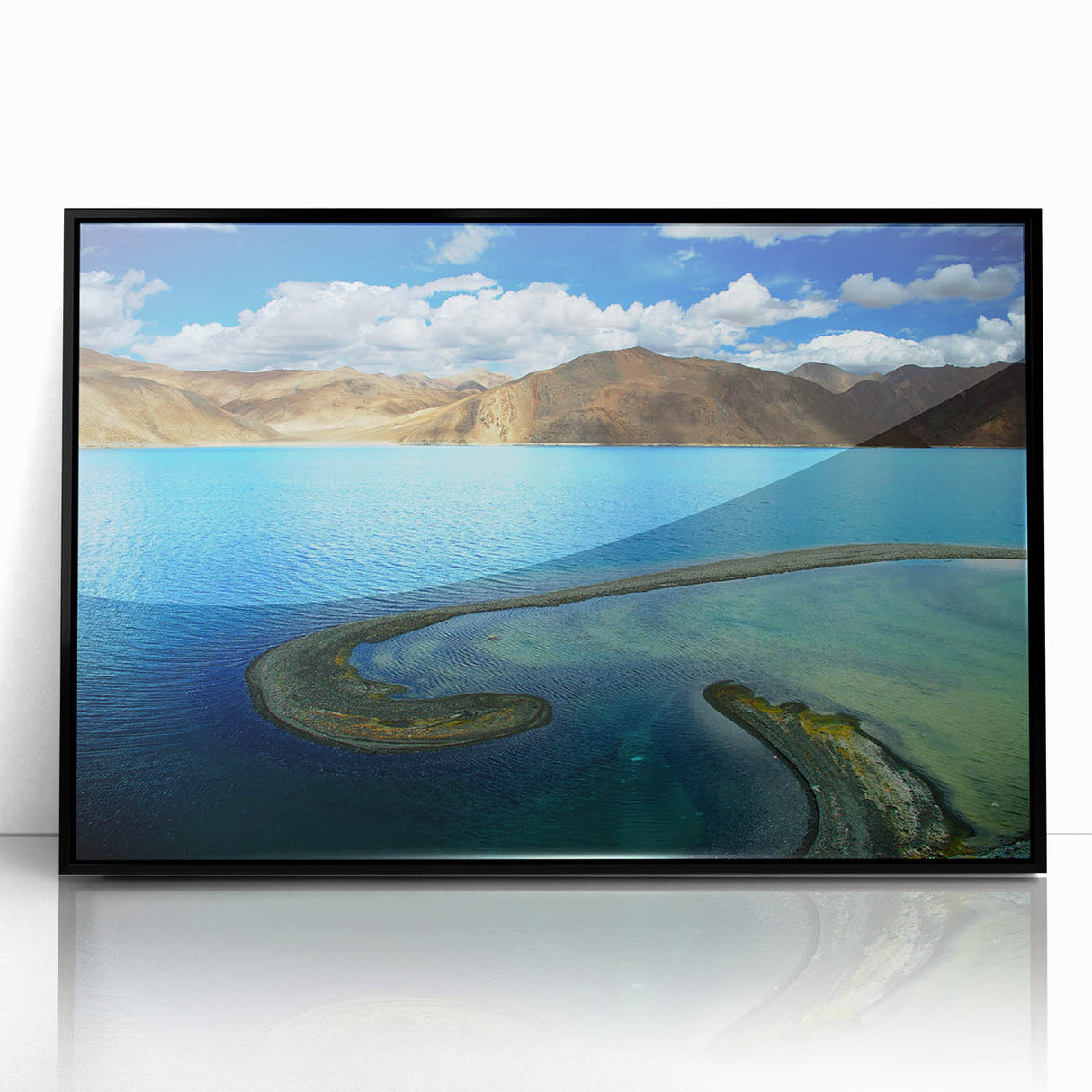 Large abstract wall art depicting a Tibetan landscape in muted earth tones on a framed acrylic.