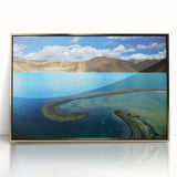 Framed acrylic print of a Tibetan landscape in muted gold and blue tones, ideal for modern art wall decor.