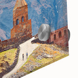 Large abstract wall art depicting a mid-century modernist Asian scenery in muted earth tones on acrylic glass.