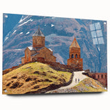 Large abstract wall art depicting a serene Georgian landscape in muted earth tones on acrylic glass.