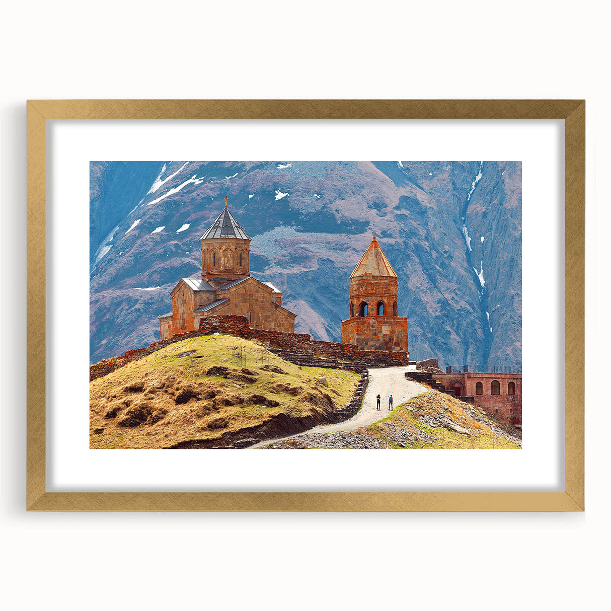 Extra large abstract art print featuring textured scenery of Georgia in Asia, with gold frame, ideal for living room decor.