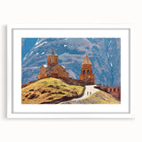 Abstract art print depicting a serene Georgian landscape in soft pastel shades, framed with a white mat.