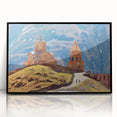 Large abstract wall art featuring a mid-century modernist scene of Georgia in Asia, framed in black acrylic.