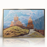 Large art print of a serene Georgian landscape, featuring gold and green tones on framed acrylic.