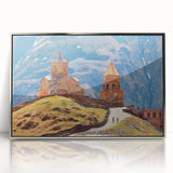 Mid-century modernist art depicting a serene Georgian landscape in muted green and brown tones on a framed acrylic print.