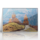 Art deco poster depicting a serene Georgian landscape in muted earth tones on a framed acrylic.