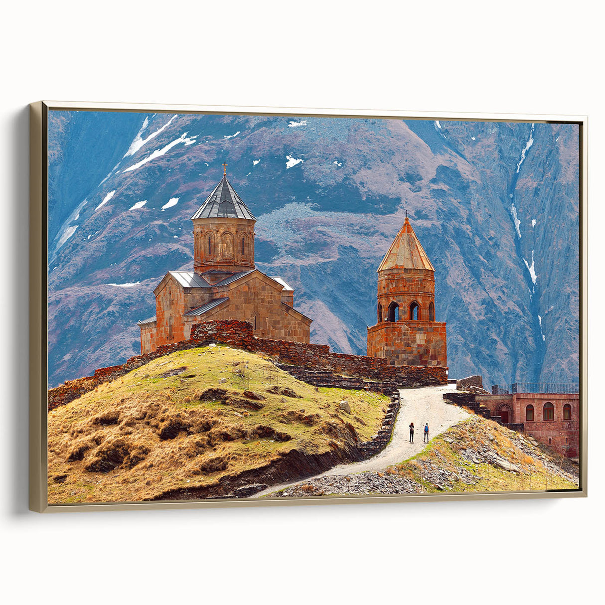 Framed canvas depicting a vintage-style landscape of the Georgian countryside in gold and black tones.