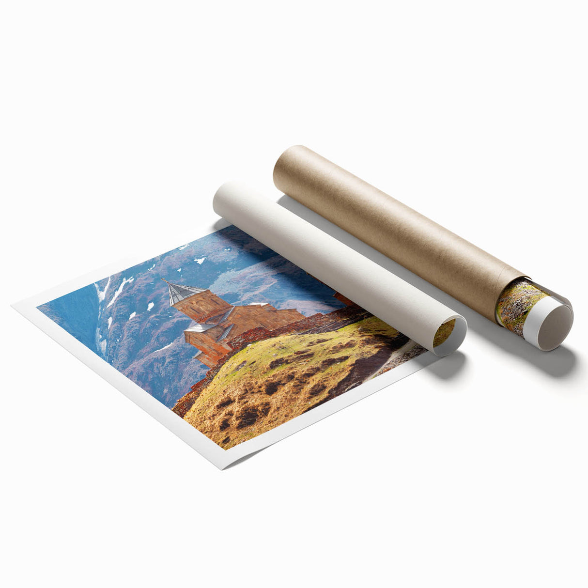 Extra large rolled print of a serene Georgian landscape with soft floral elements in muted earth tones.