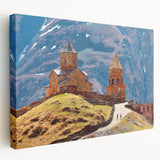 Large stretched canvas of a serene Georgian landscape in muted green and blue tones, ideal for kitchen wall art.