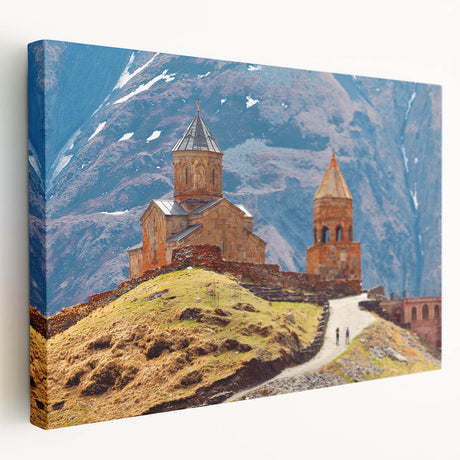 Large stretched canvas of a serene Georgian landscape in muted green and blue tones, ideal for kitchen wall art.